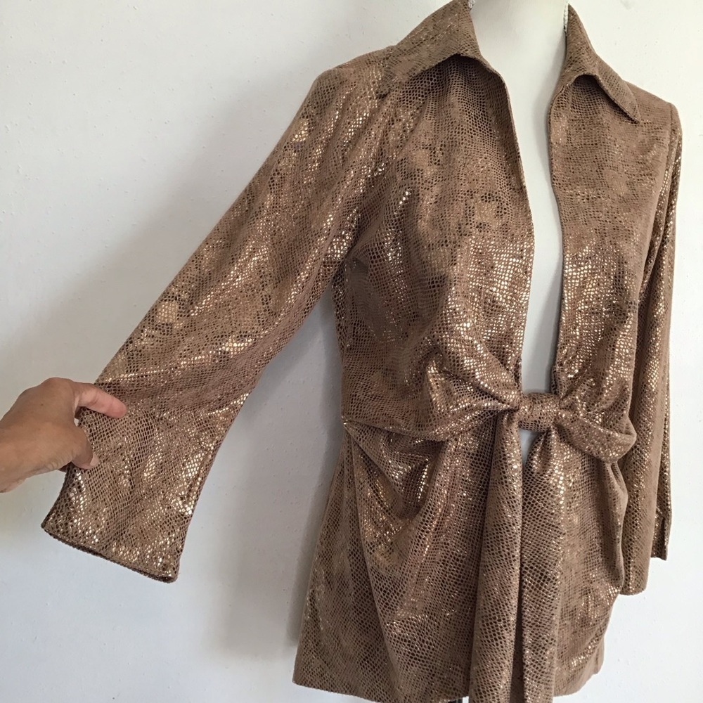 Mishca Elegant Shimmering Rose Gold Women's Tie Front Party Blazer Size M - Picture 3 of 8